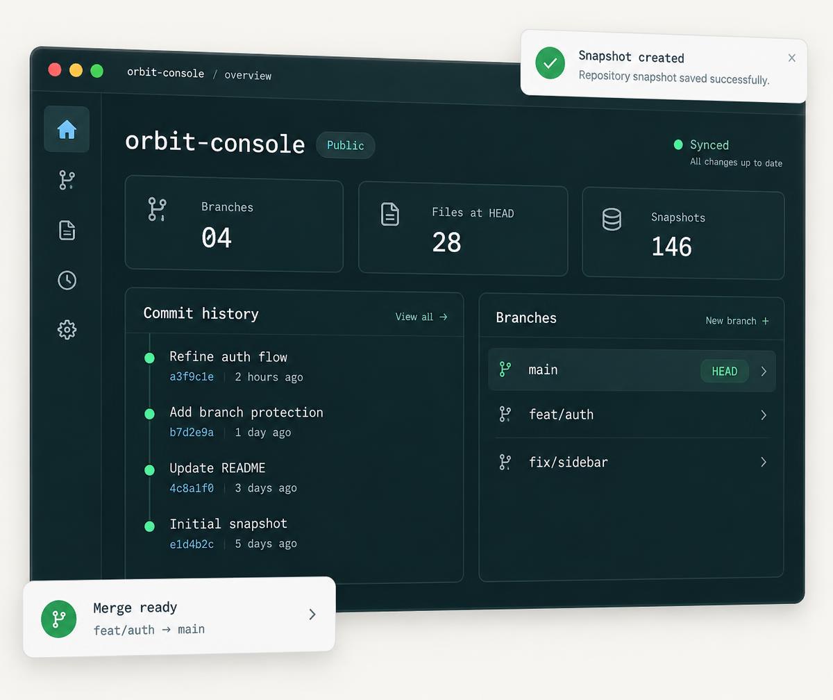 Illustrative git-lite repository overview with commit history, branches, and snapshot notifications